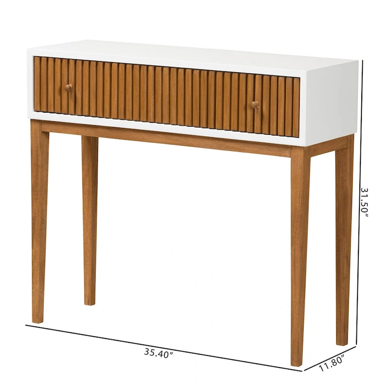 Mid-Century Modern Two-Tone Natural Brown and White Bayur Wood 1-Drawer Console Table