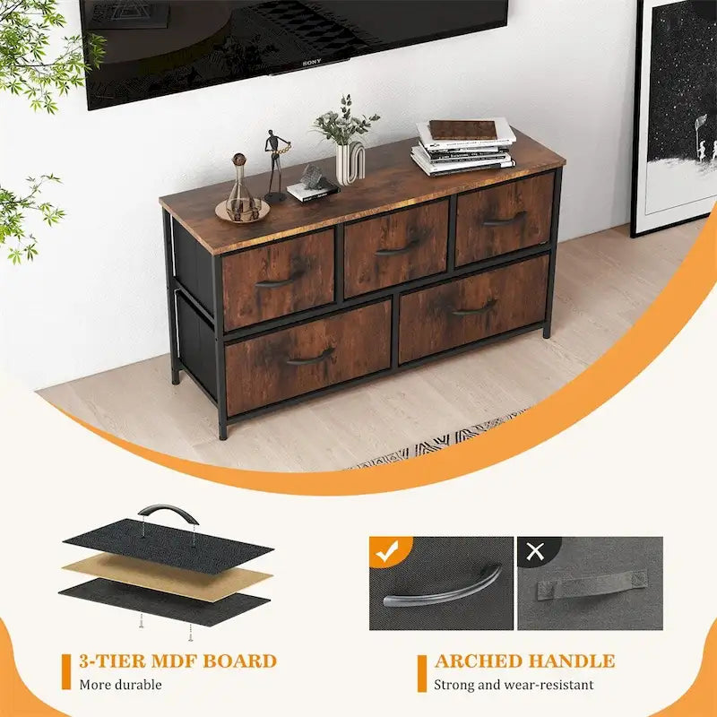 Storage Dresser with 5 Drawers and Anti-Tipping Accessories