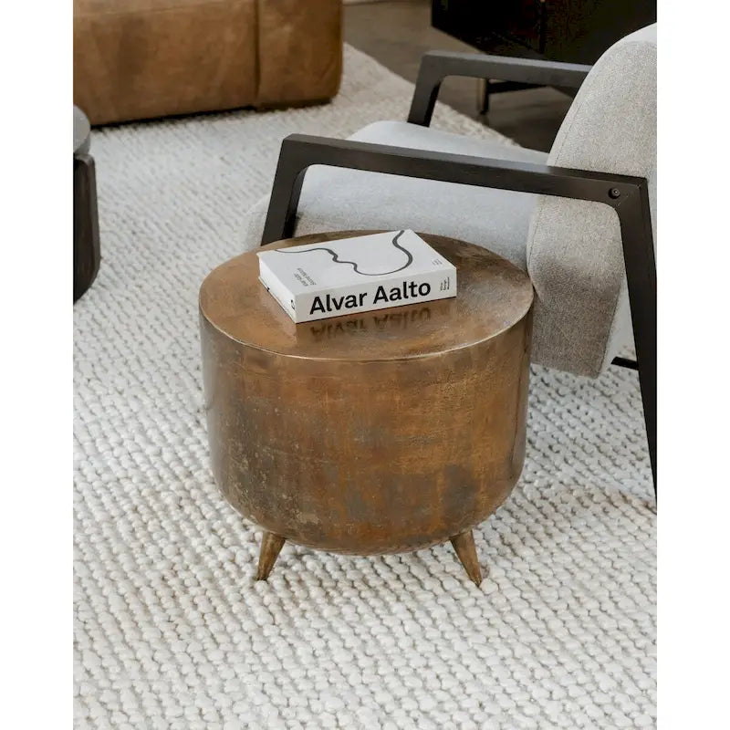 Tavolino d'accento rustico in alluminio stile tamburo - 19W x 19D x 18H