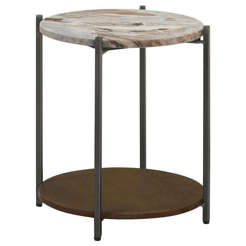 20-Zoll-Beistelltisch mit runder Marmorplatte, 1 Ablage, braun, Gunmetal-Oberfläche