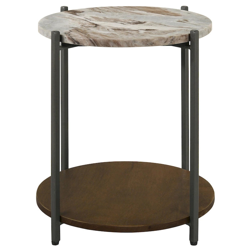 20-Zoll-Beistelltisch mit runder Marmorplatte, 1 Ablage, braun, Gunmetal-Oberfläche