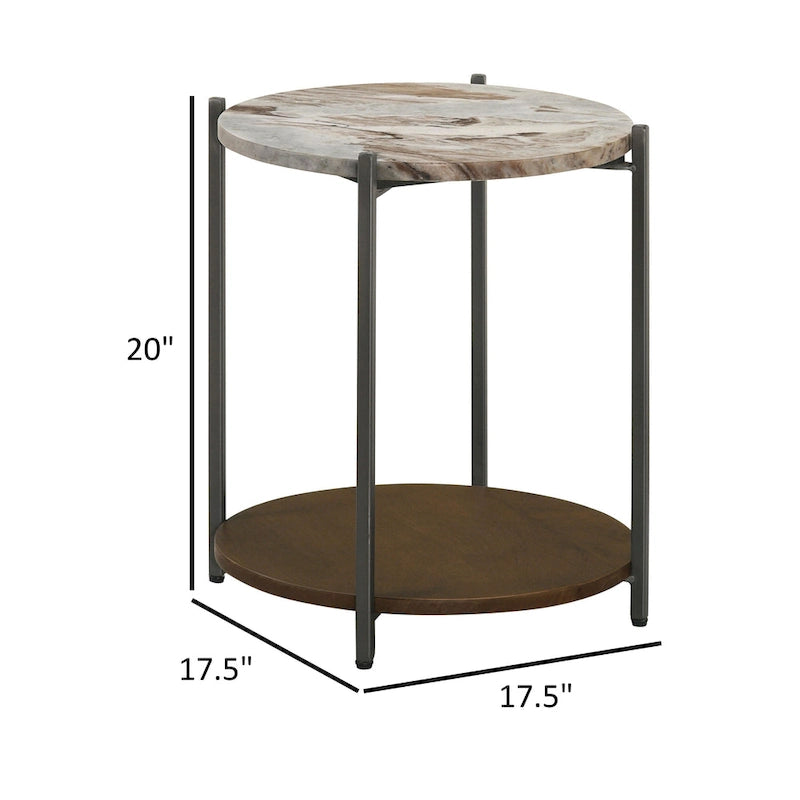 20-Zoll-Beistelltisch mit runder Marmorplatte, 1 Ablage, braun, Gunmetal-Oberfläche